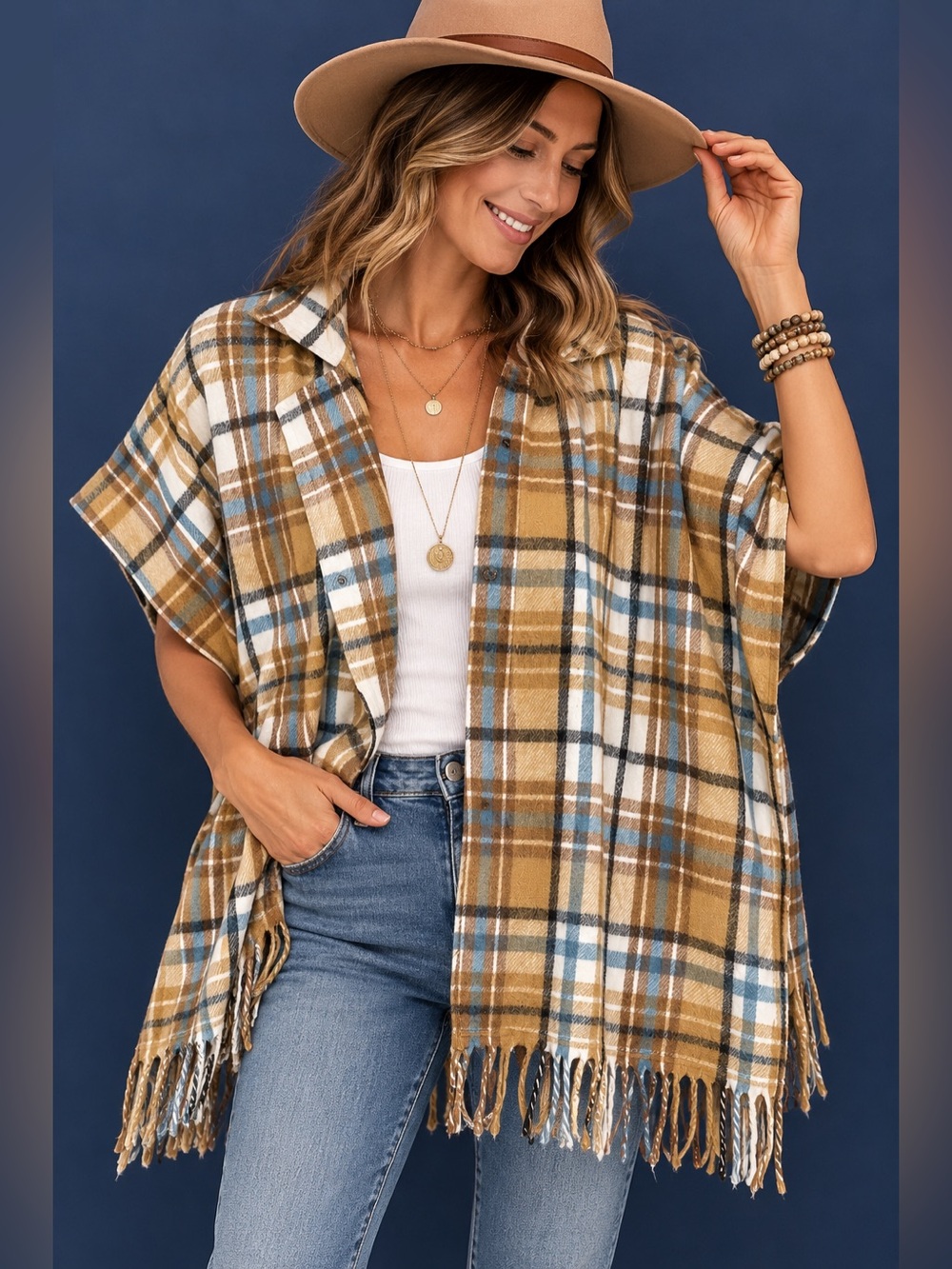 Marc New York Plaid Fringe Poncho One Size